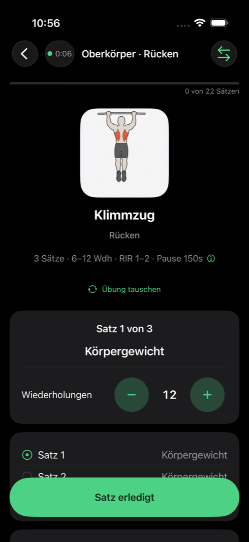 Fokus-Modus in LeibFit: Klimmzug als einzelne Übung mit Satz, Wiederholungen und Coaching-Hinweisen